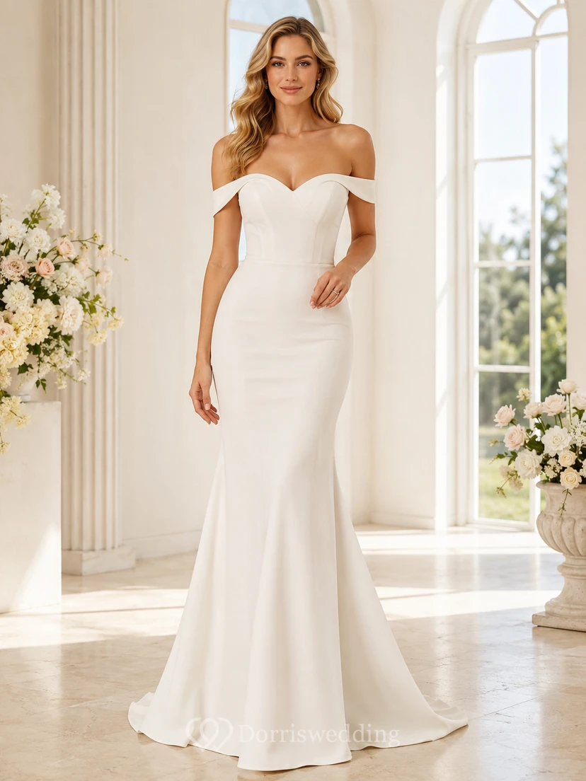 Robe de mariée sirène plissée, épaules dénudées, plissée, en crêpe court