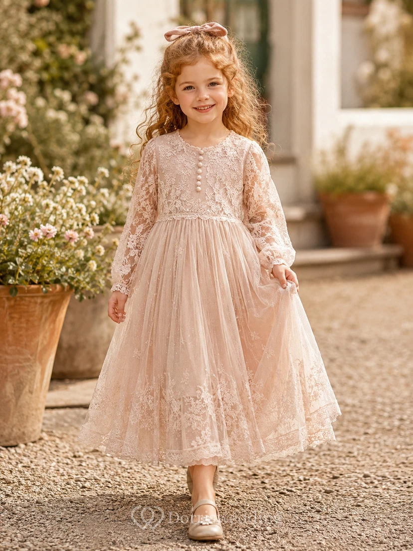 Flower Girl Dress Blush Lace Tulle A-Line Long Sleeve Scoop Neck Tea Length
