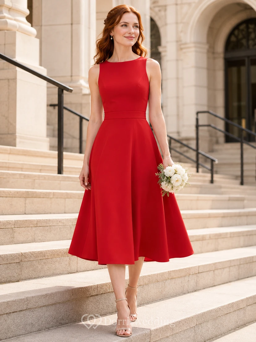 Rotes ärmelloses Midi-Hochzeitskleid im Courthouse-Stil mit U-Boot-Ausschnitt und A-Linie