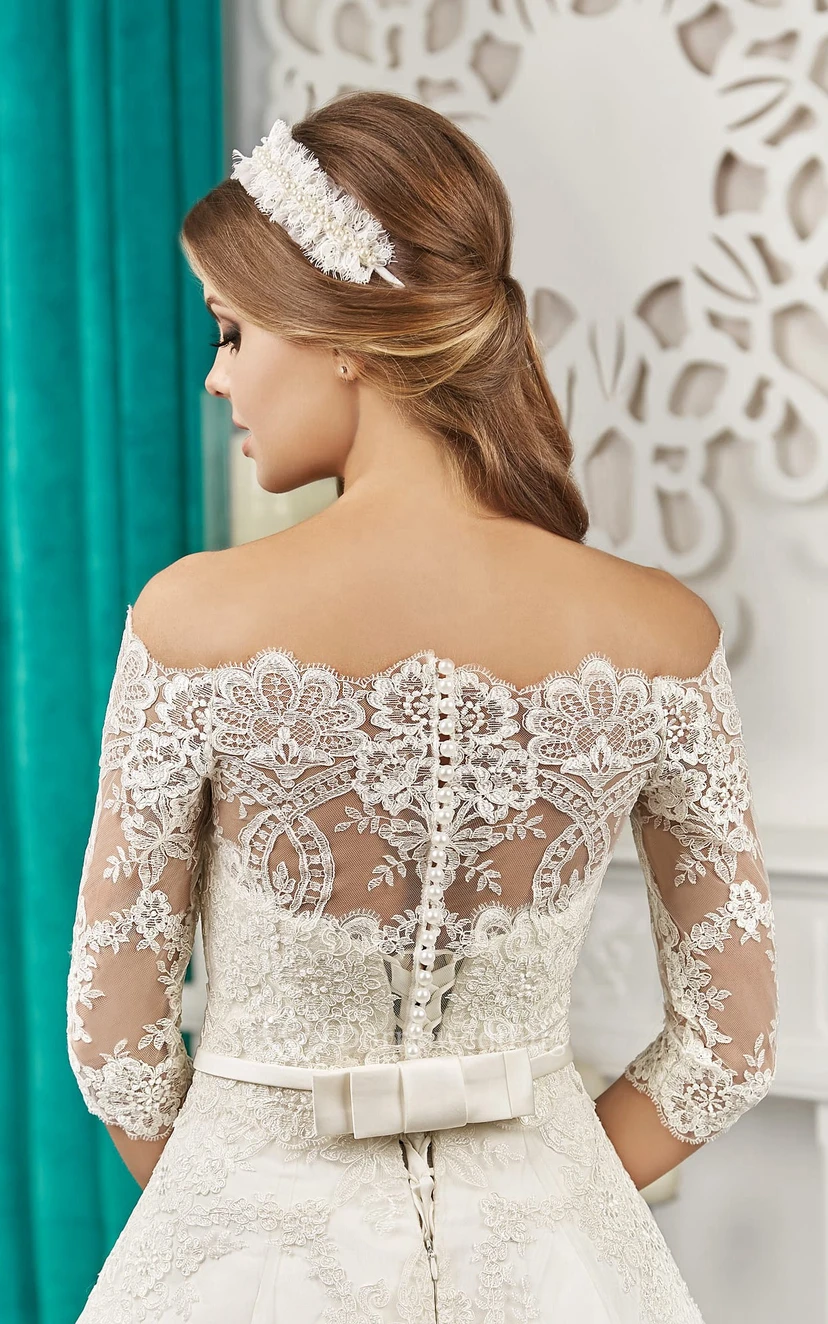 A-line Off-the-shoulder Half Sleeve Appliques Bow Dress view 3