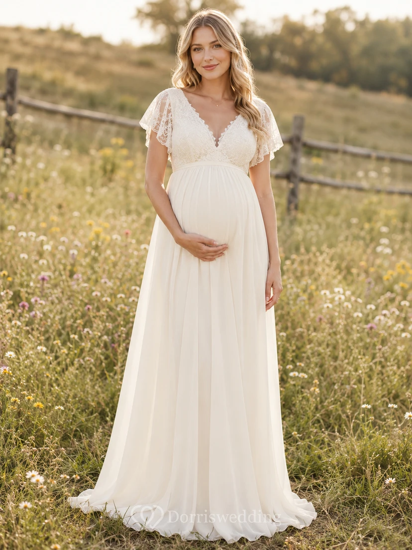 Strandhochzeitskleid aus Chiffon, A-Linie, schulterfrei, kurze Ärmel, Schleppe