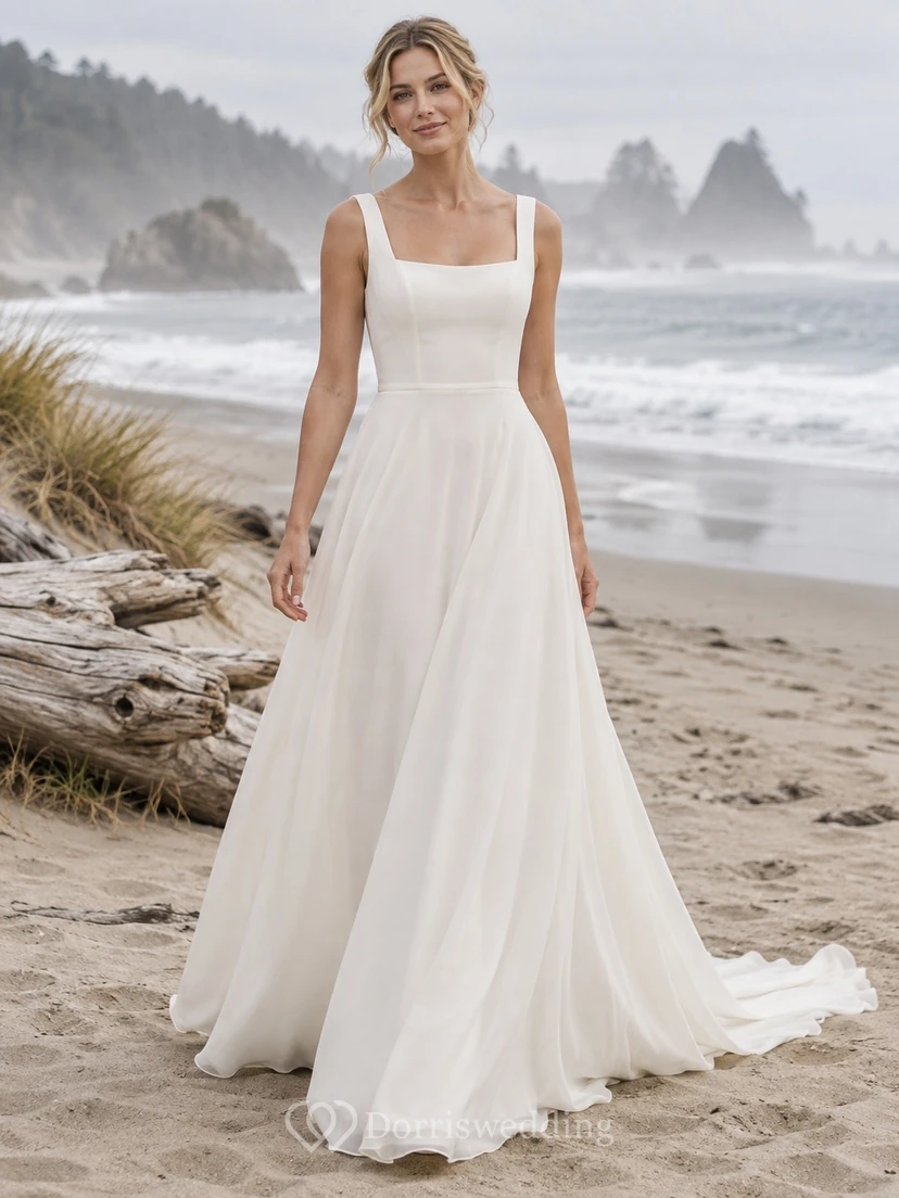 Square Neck Beach Wedding Dress with Wide Straps and Georgette A-Line Sweep Train