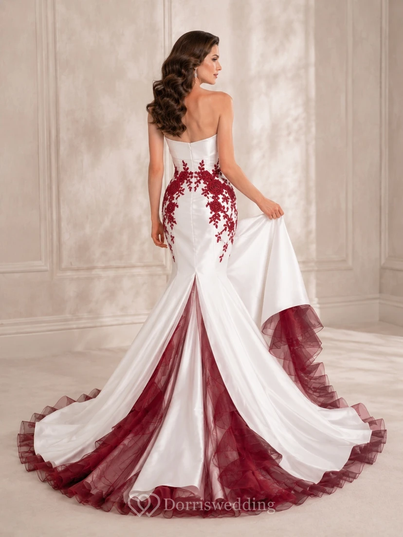 Dramatisches, ärmelloses, ärmelloses Brautkleid im Meerjungfrauenstil aus rotem, gerüschtem Tüll mit Meerjungfrauen-Schleppe view 2