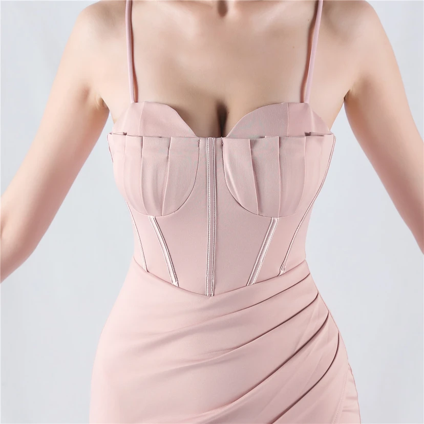 Fishbone Waist Strap Satin Host Meeting Evening Dress view 26
