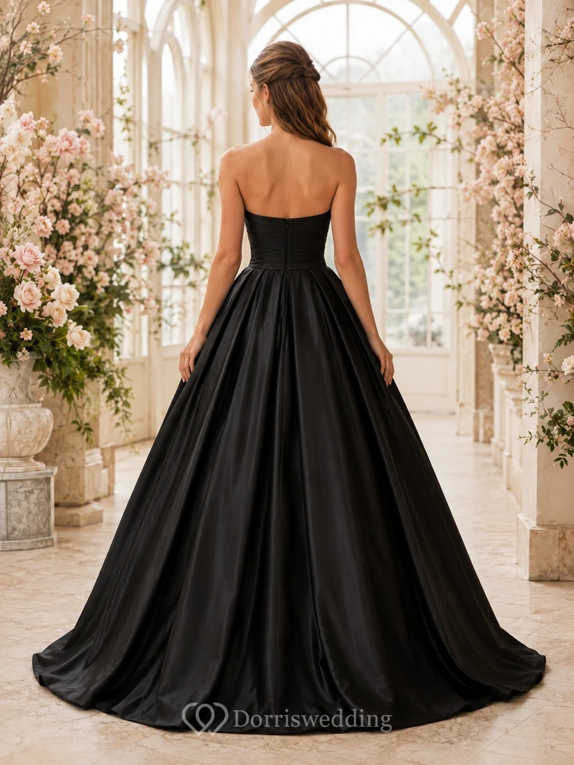 Vestido de noche de lujo negro sin tirantes y sin mangas, de satén, largo hasta el suelo. view 2