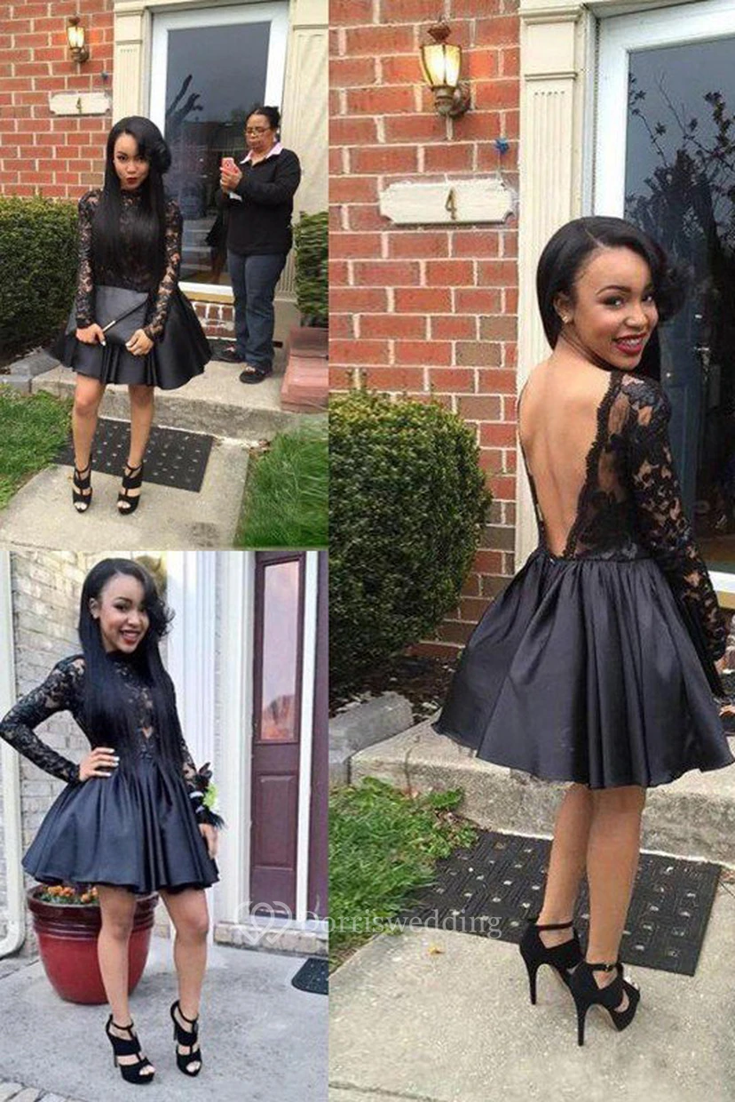 Kurzes Mini-Abendkleid in A-Linien-Optik mit langen Ärmeln, Taftspitze, hohem Kragen, tiefem V-Ausschnitt am Rücken und kurzem Schnitt.