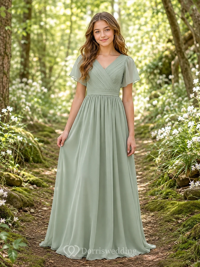 Mintgrünes Brautjungfernkleid im A-Linien-Stil mit V-Ausschnitt, kurzen Blütenblattärmeln und Falten im Boho-Stil