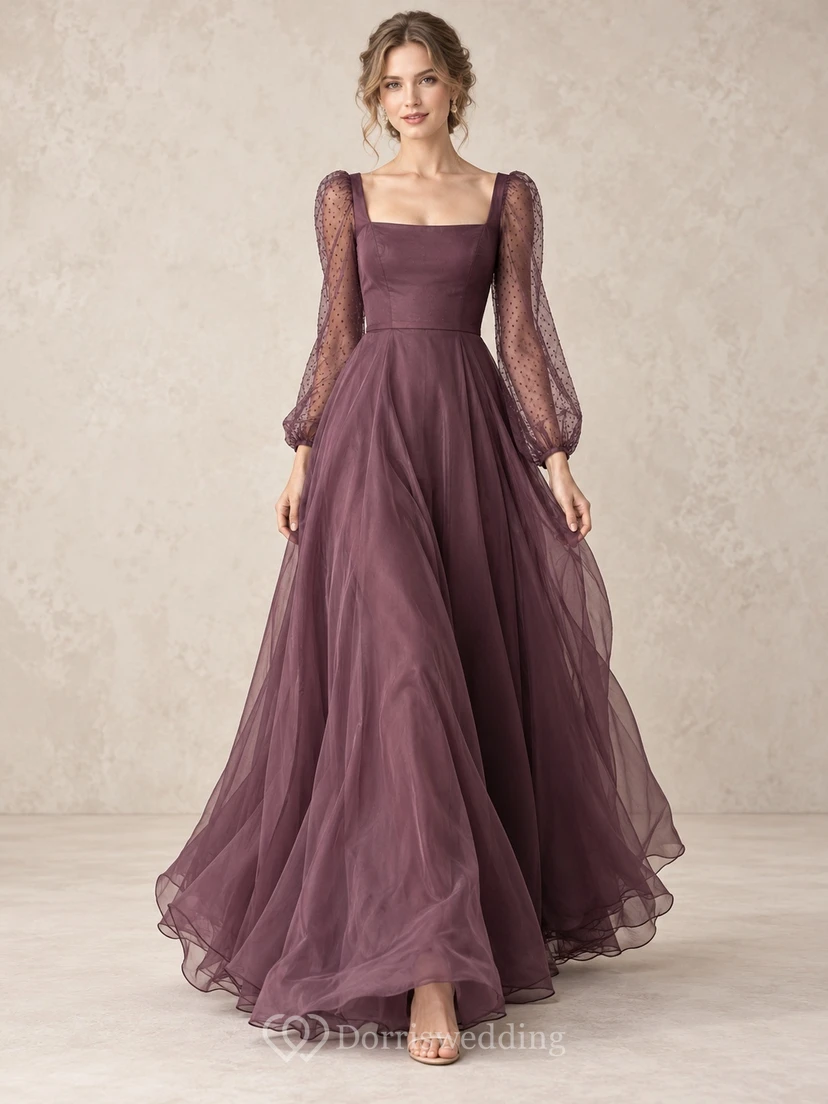 Long Sleeve Square Neck Plum Dotted Bishop Organza Formal Dress