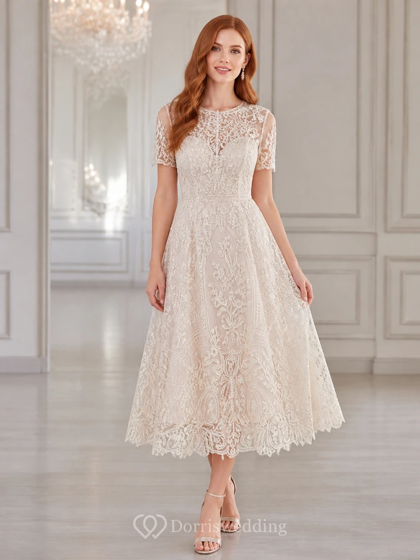 Teelanges, schlichtes Brautkleid mit Rundhalsausschnitt, kurzen Ärmeln und Spitze in A-Linie