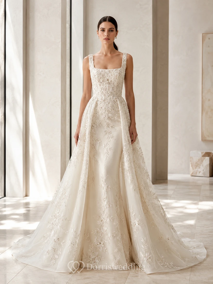 Robe de mariée moderne en dentelle botanique, col carré, bretelles carrées et traîne courte