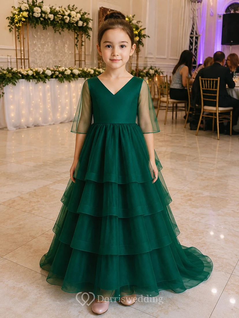 V-neck Illusion Half-sleeve Tiered A-line Flowergirl Dress with Sweep Train view 9