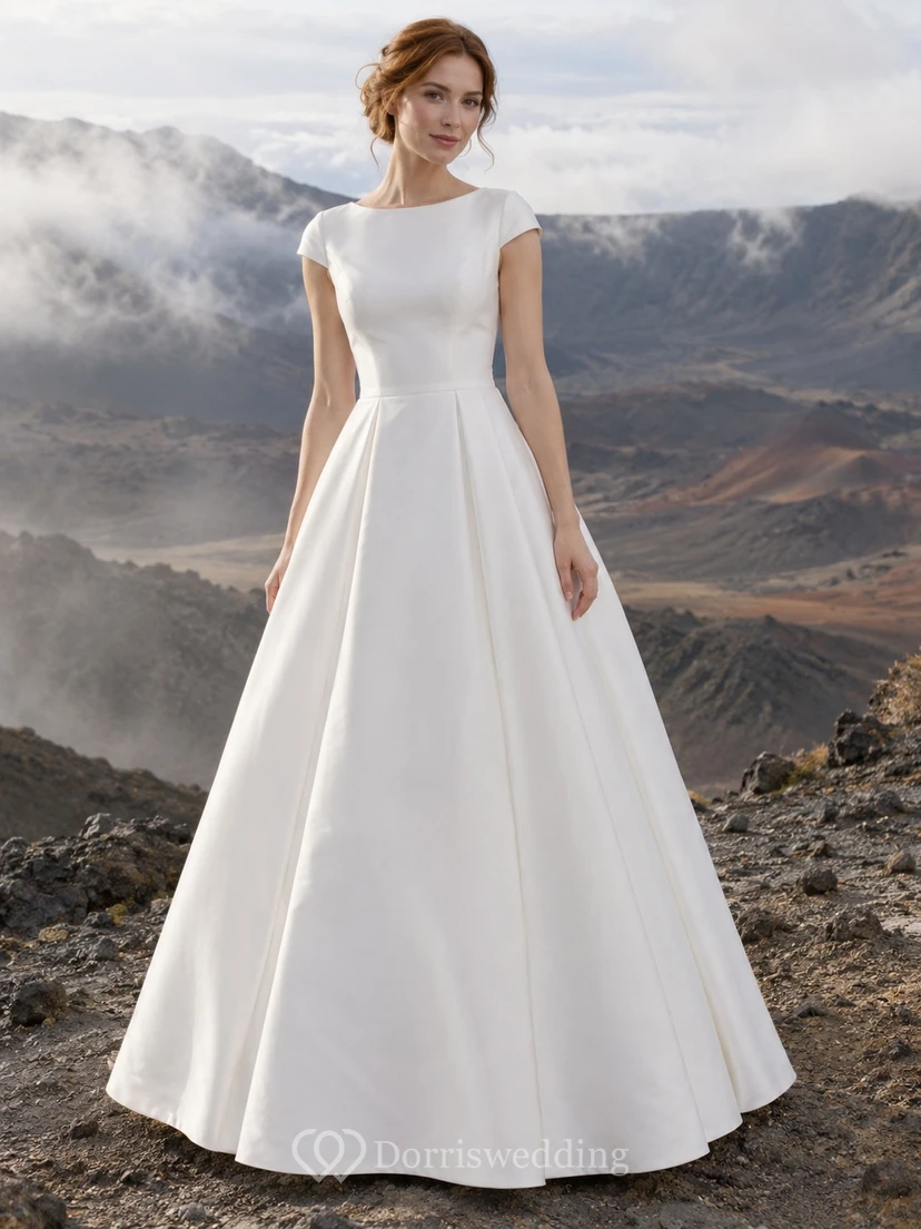 Vestido de novia sencillo de corte A, escote barco, manga corta, tafetán liso, largo hasta el suelo