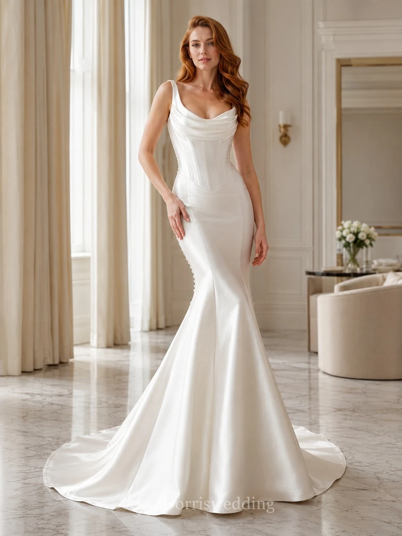 Simple Cowl Neck Spaghetti Strap Satin Mermaid Court Train Wedding Dress