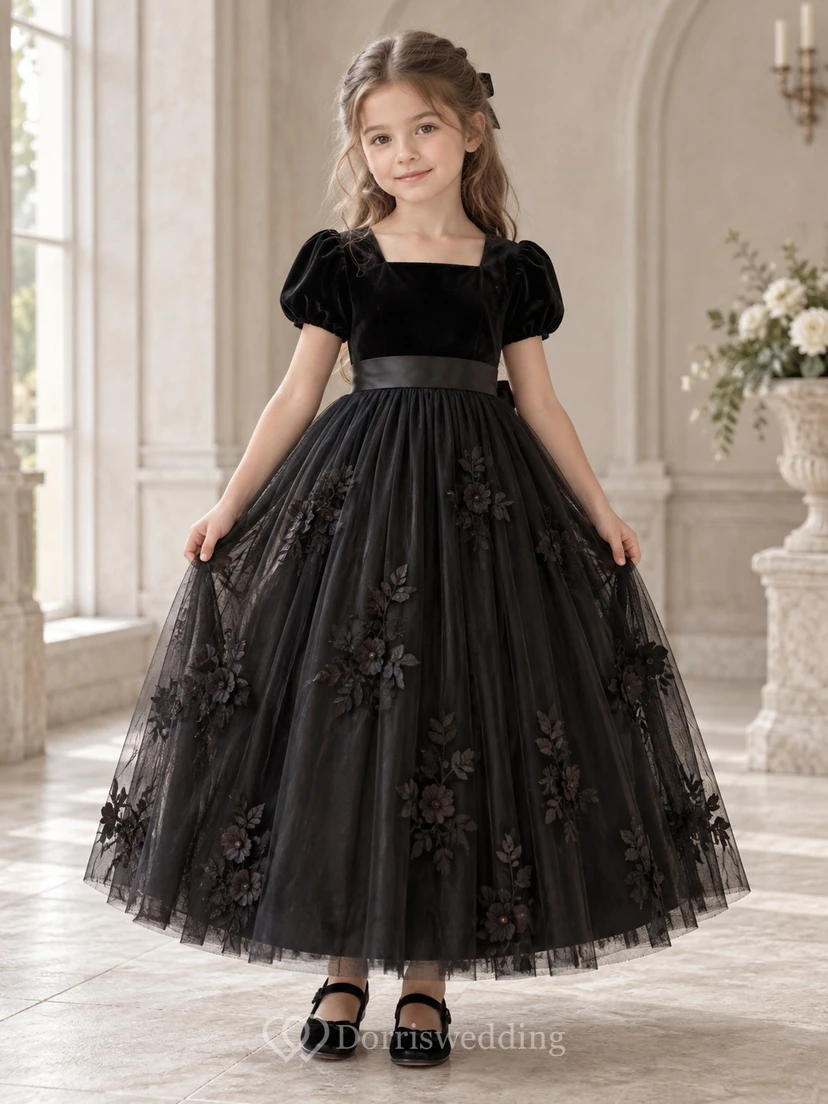 Black Square Neck Puff Sleeve Velvet Floral Tulle Ankle Length Flowergirl Dress