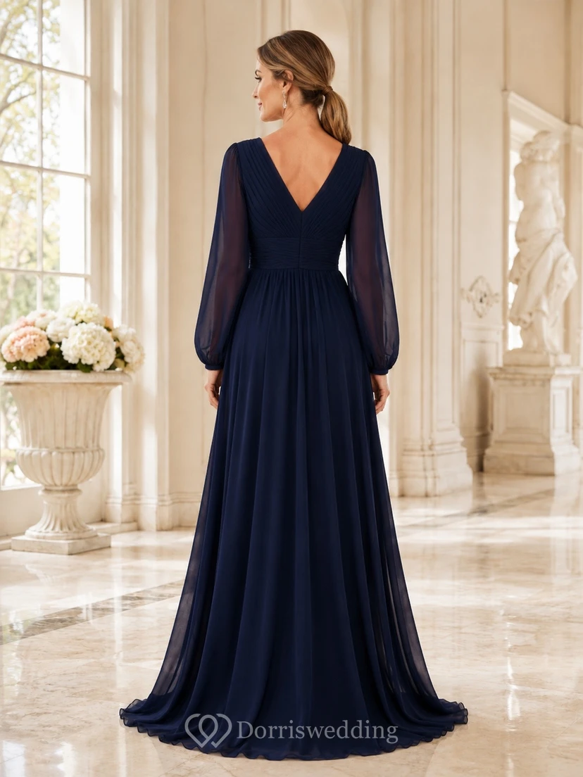 Modest Dark Navy V-neck Long Sleeve A-line Chiffon Evening Dress view 2