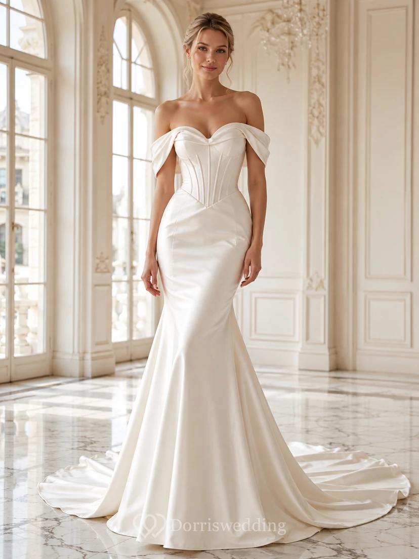 Robe de mariée sirène en satin, épaules dénudées, manches courtes, traîne chapelle, froncée, style domaine.
