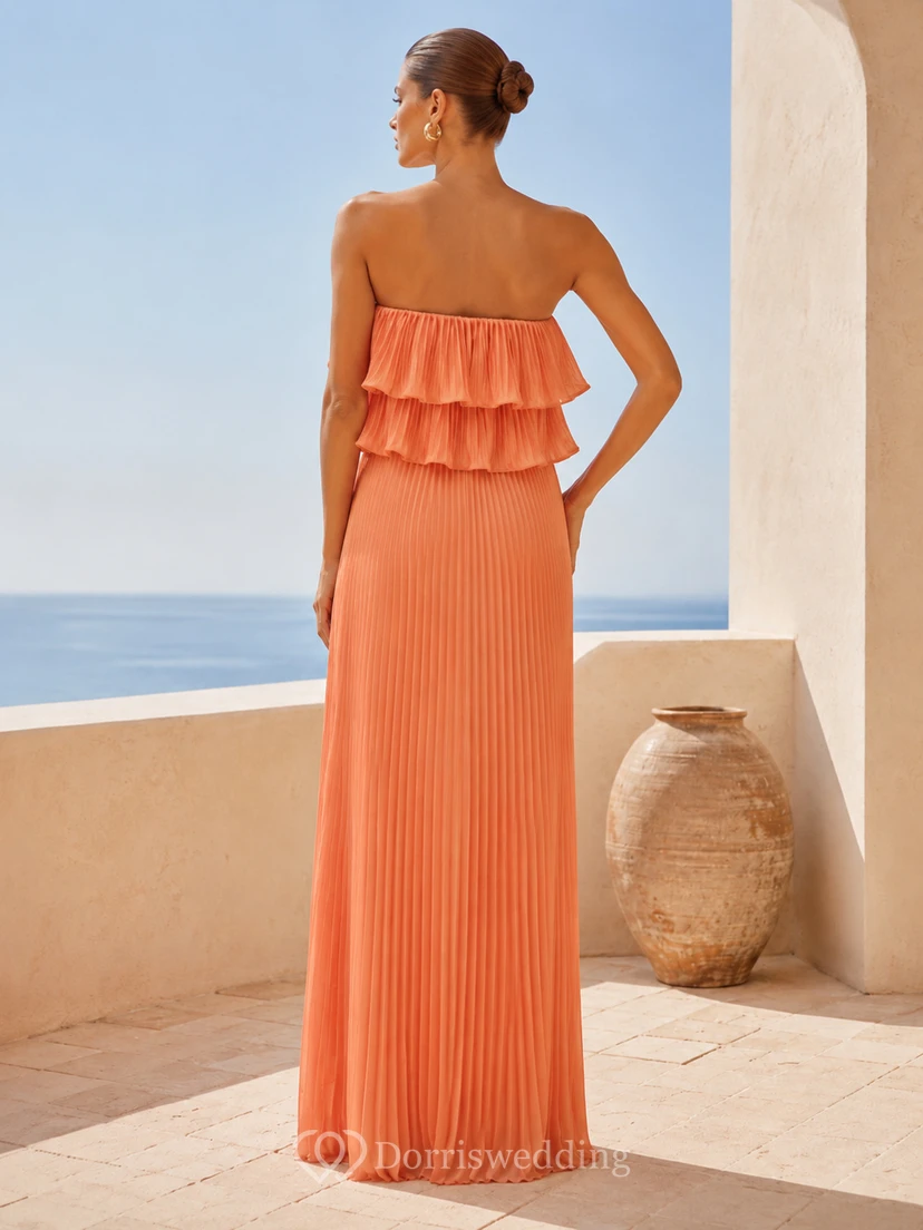 Peach strapless tiered ruffle pleated floor length maxi dress view 2