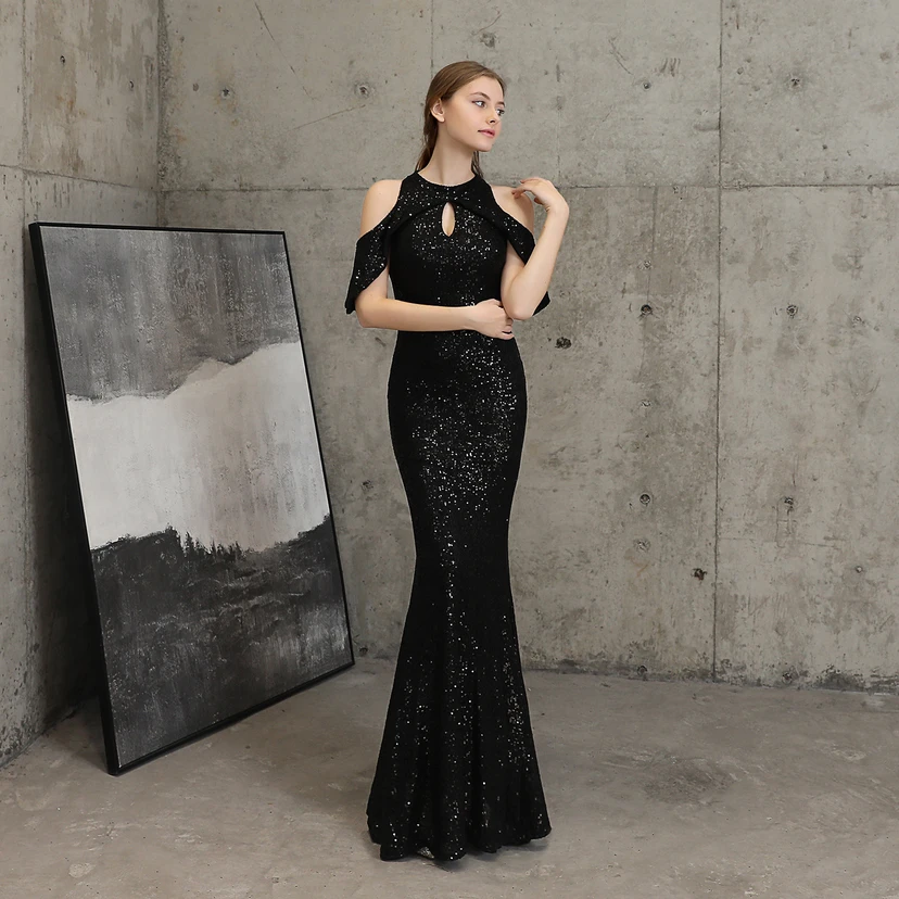 Banquet Temperament Elegant Long Short-Sleeved Sequin Aura Queen Fishtail Evening Dress view 35