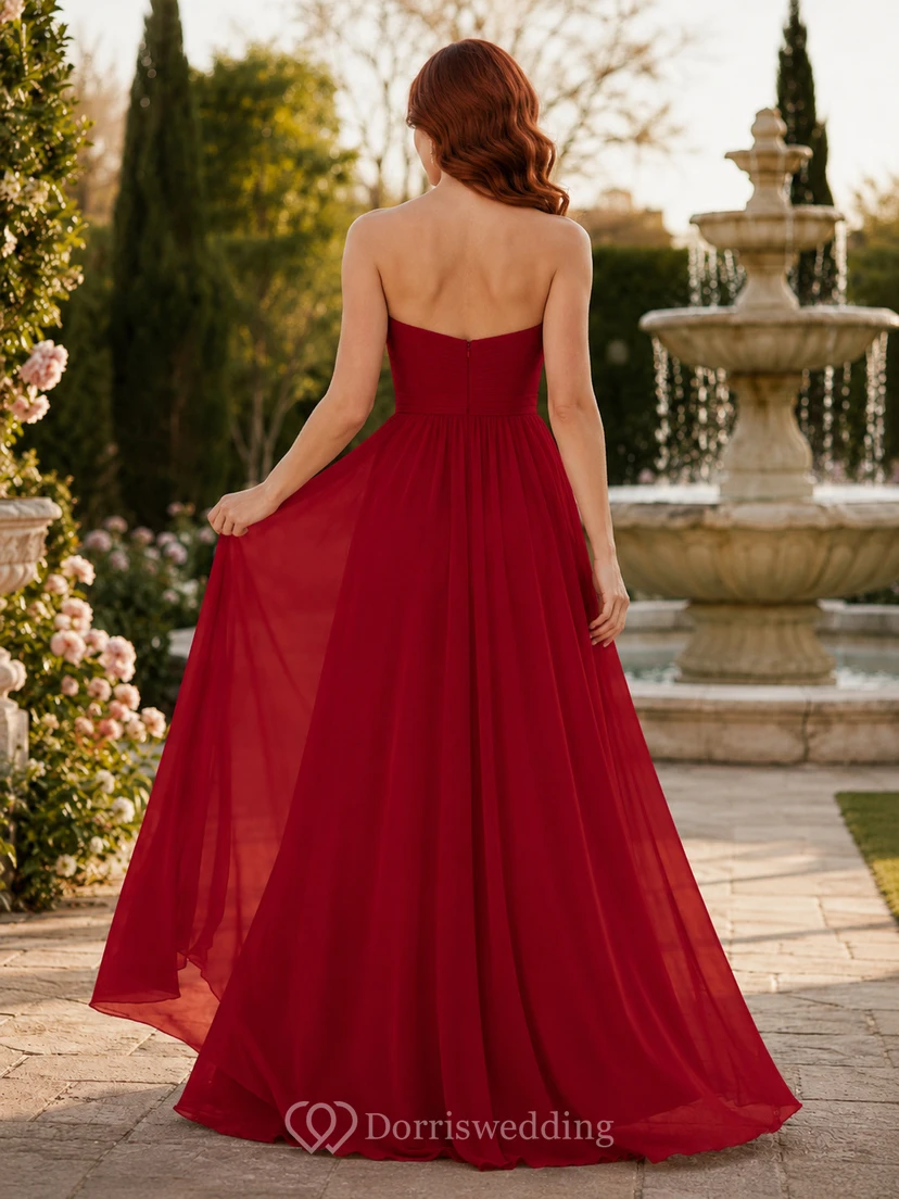 Rotes, trägerloses Chiffon-Abendkleid in A-Linie mit Herzausschnitt view 2