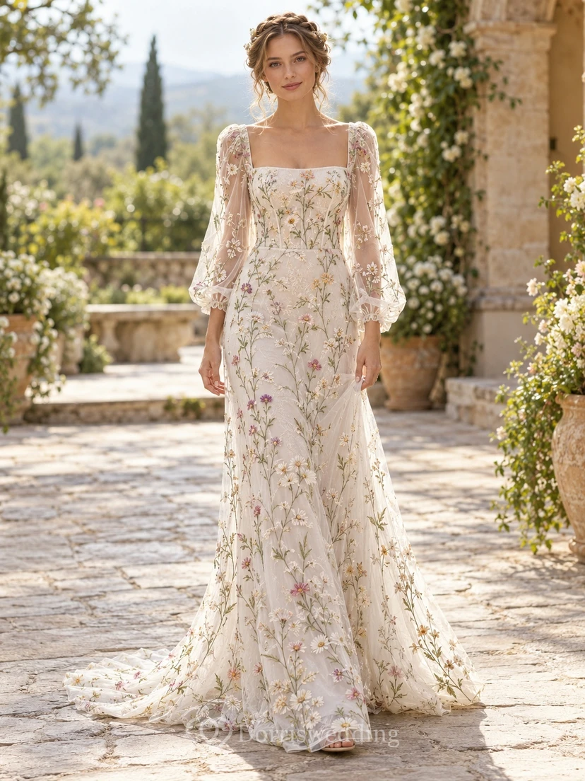 Boho Square Neck Bell Sleeve Floral Embroidered Sheath Wedding Dress
