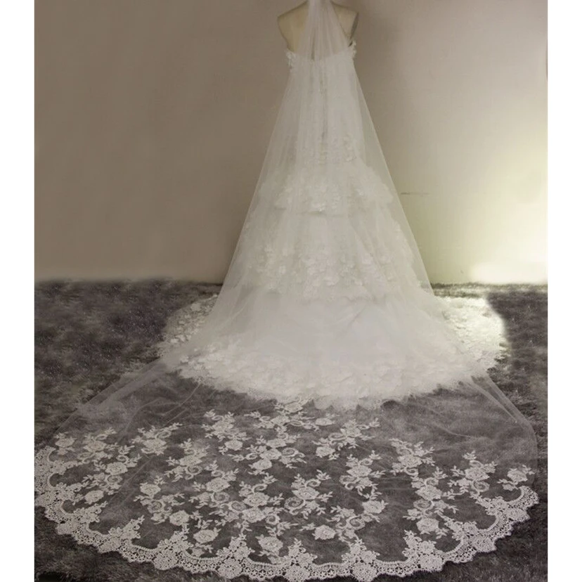 Retro Long Tulle Bridal Veil with Lace Appliques view 2