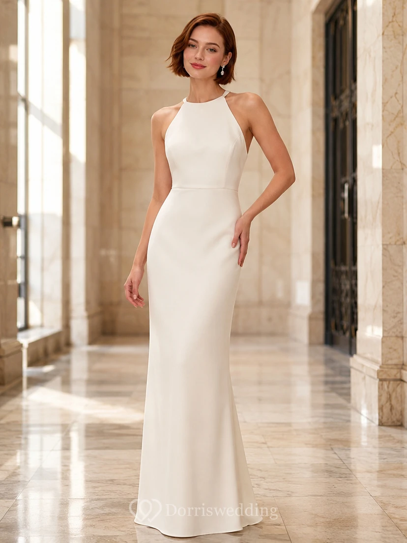 Courthouse Wedding Minimalist Halter Neck Open Back Sheath Floor Length Dress