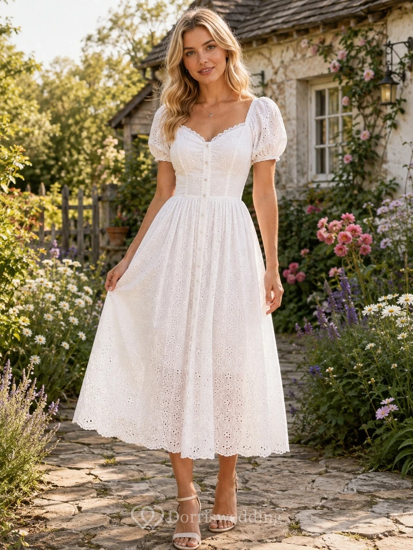 White Cotton Square Neck Puff Sleeve A-Line Tea-length Vintage Casual Country Garden Adorable Dress