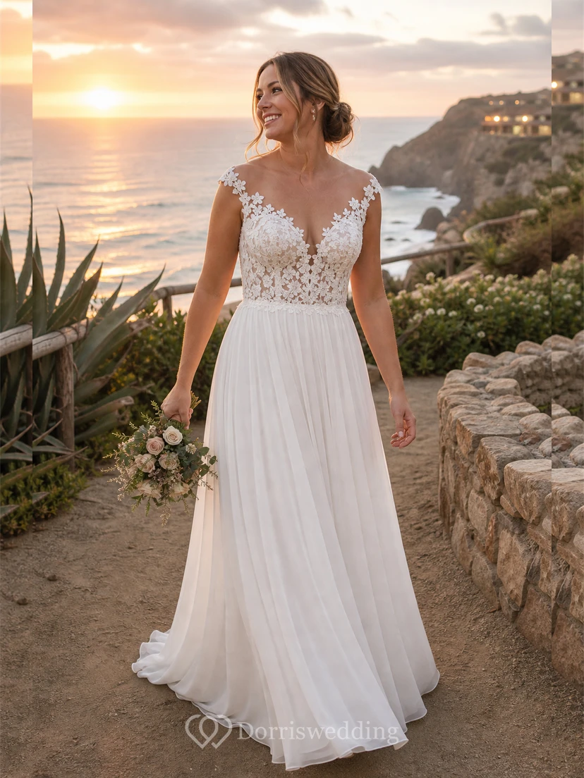 Chiffon-Etui-Brautkleid mit schulterfreiem Ausschnitt und schlichter Spitzenapplikation view 10