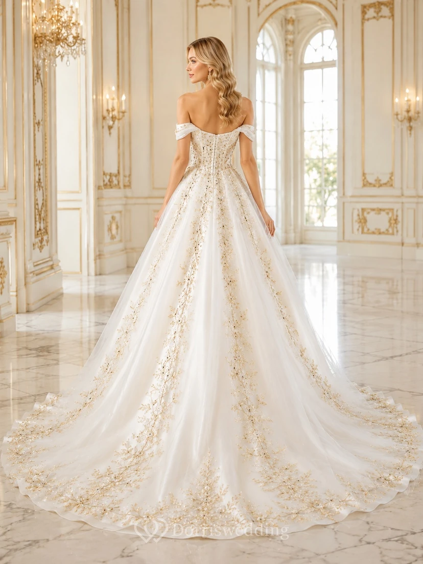Goldene Rosetten, A-Linien-Brautkleid, schulterfrei, kurze Ärmel, bodenlang, Kathedralenschleppe, Luxuskleid view 2