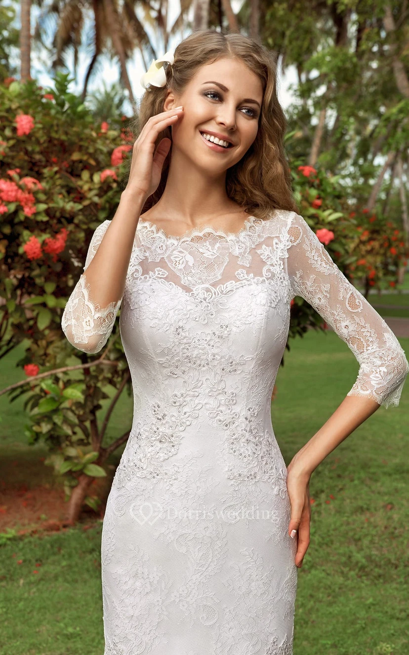 Trumpet Floor-Length Scoop-Neck T-Shirt-Sleeve Corset-Back Lace Bridal Dress With Appliques view 3