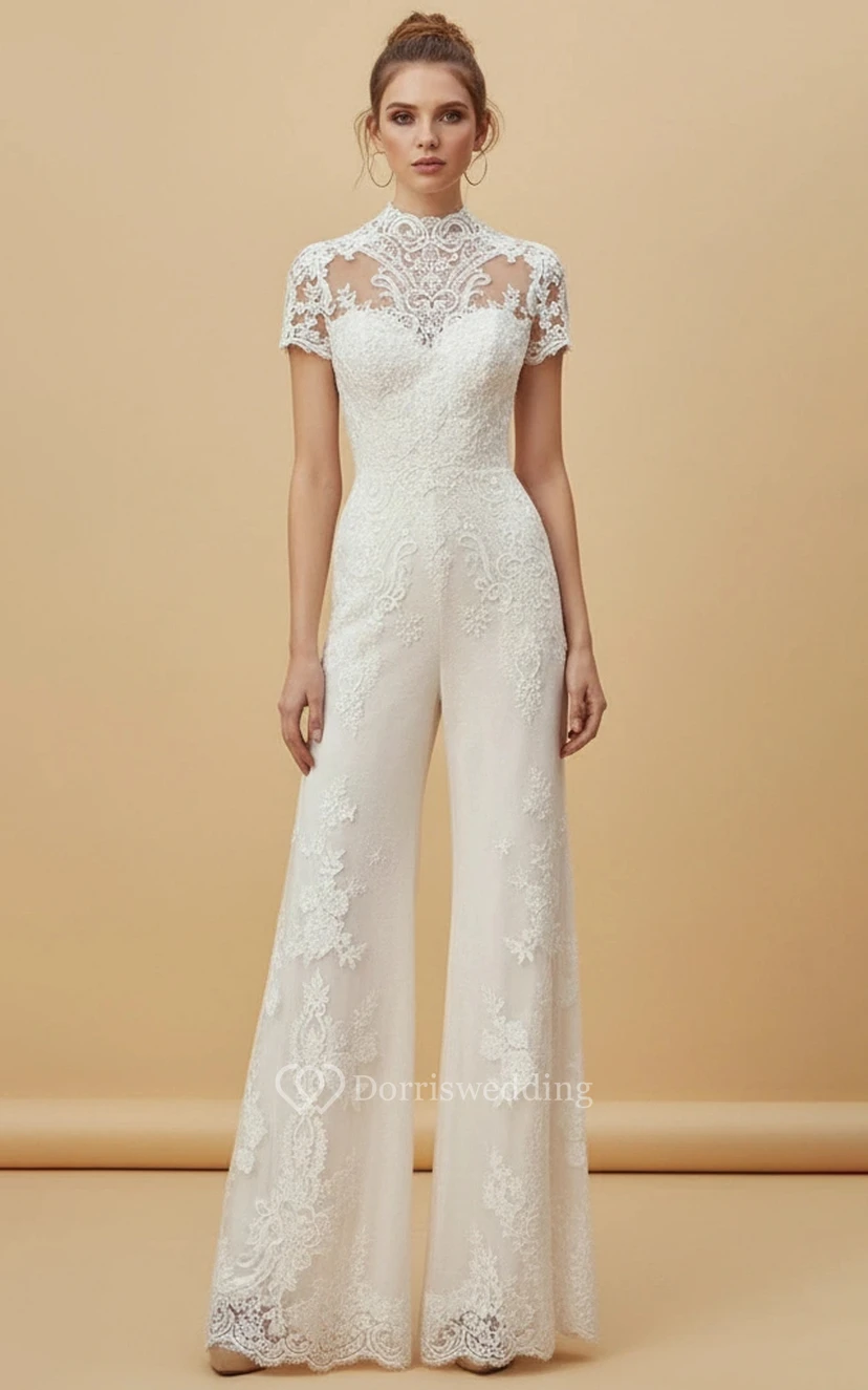 Elegante mono de novia de encaje con cuello alto, mangas cortas y pantalón de pierna ancha.
