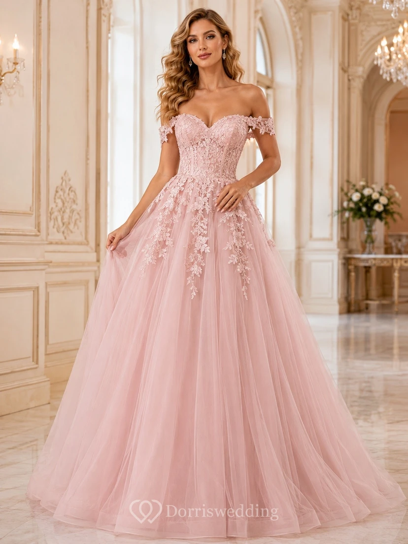 Pink Off Shoulder Tulle Princess Ball Gown Formal Dress