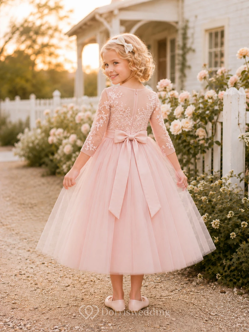 A-Line Flowergirl Pink Tulle Floor-Length Long Sleeve Sash Farmhouse Wedding Dress view 2