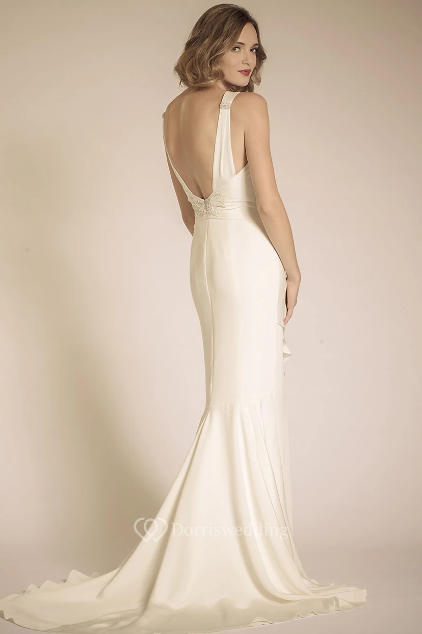 Floor-Length V-Neck Draped Chiffon Wedding Dress With Court Train And V Back view 2