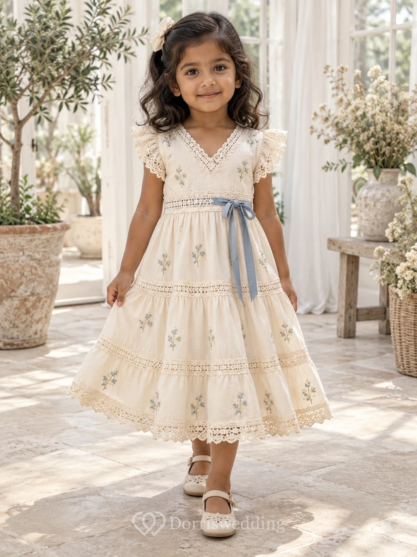 Boho-Kleid für Blumenmädchen, elfenbeinfarben, sommerlich, A-Linie, Teelänge, V-Ausschnitt, Spitzenbesatz, blauer Schärpe