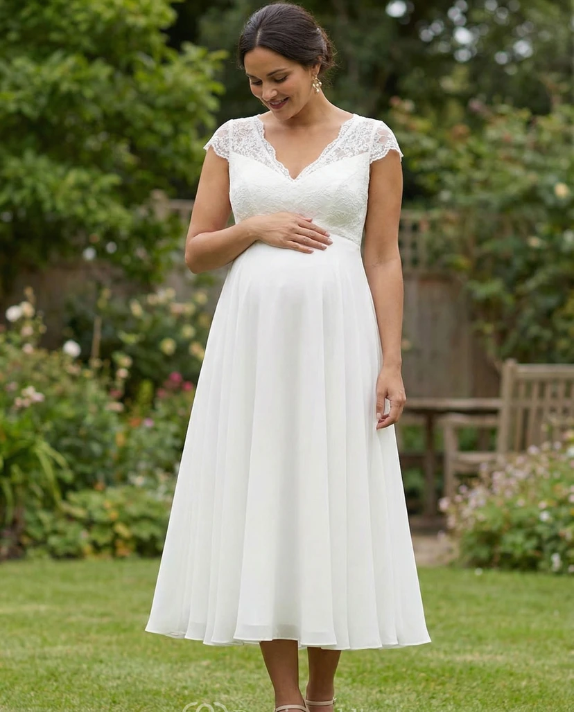 Robe de mariée de maternité blanche en dentelle à manches courtes et col en V