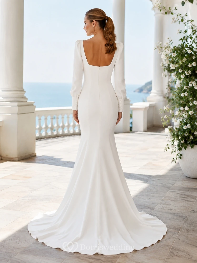 Vestido de novia de corte sirena con escote cuadrado, manga larga y cola larga, ideal para ceremonias. view 2