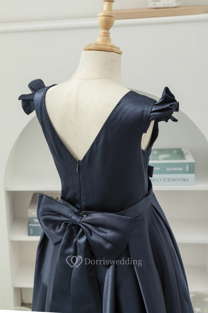 Satin Solid Cap Scoop-neck A-line Floor-length Flowergirl Dress with Low-v Back view 9