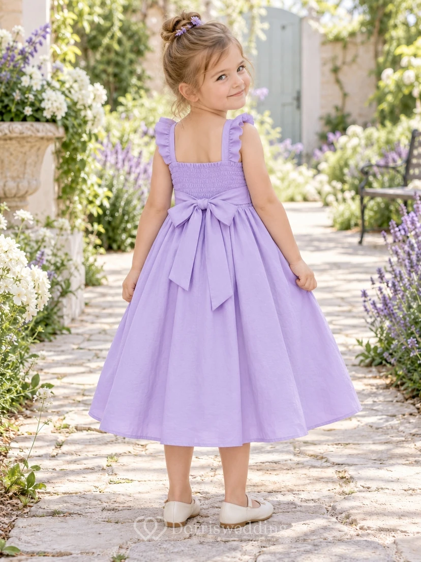 Teelanges, lavendelfarbenes A-Linien-Kleid mit eckigem Ausschnitt, gerafften Rüschenträgern und Schleife am Rücken für Blumenmädchen view 2