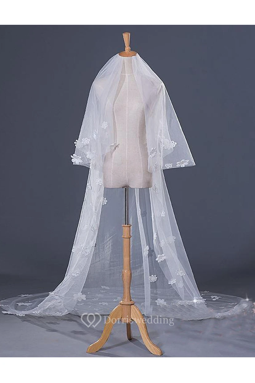 Latest Ethereal Style Cathedral Wedding Veil with Flower Appliques view 2
