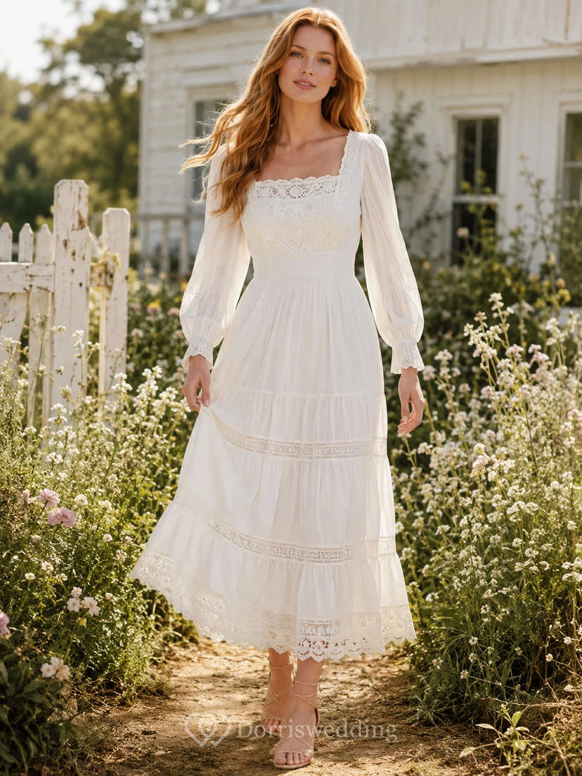 Robe de mariée bohème vintage à col carré, manches bouffantes, volants en dentelle et mousseline, longueur thé