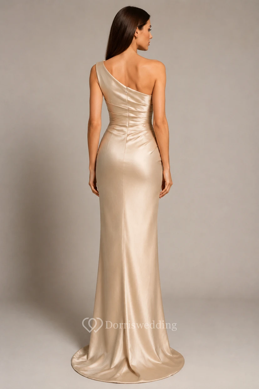 Evening Gown Champagne Satin Sheath One Shoulder Sleeveless Ruched Floor Length view 2