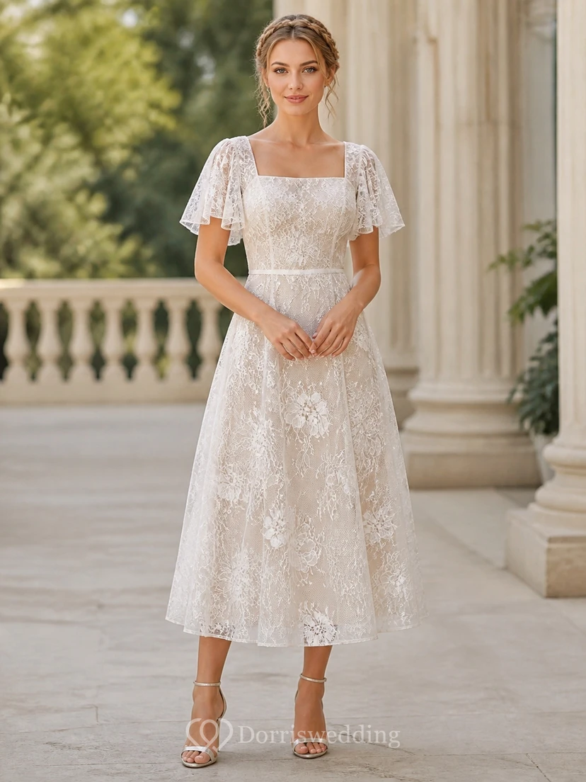 Schlichtes, teelanges Brautkleid mit eckigem Ausschnitt, flatternden Ärmeln und floraler Spitze