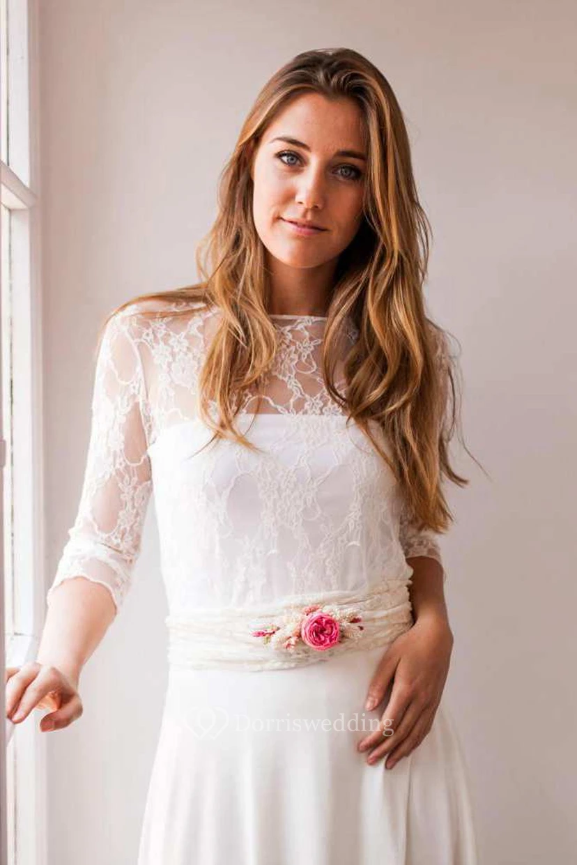 Schlichtes, bodenlanges Brautkleid aus Chiffon mit U-Boot-Spitze und Illusionseffekt sowie Falten view 4
