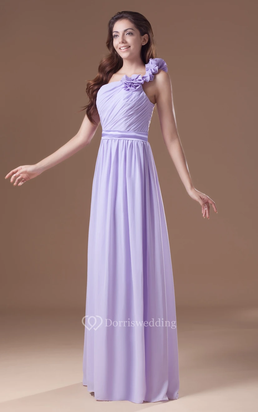 Ruched Floor-Length Chiffon Dress With Floral Strap view 3
