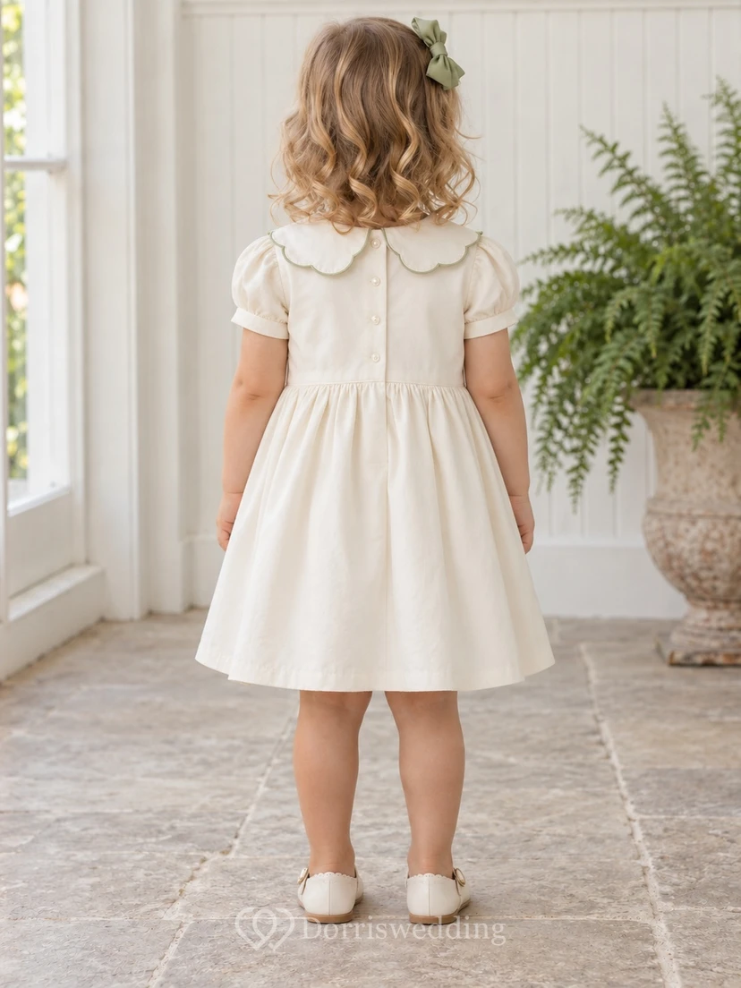 Simple Modest Cream Knee Length Rounded Scalloped Collar Compact Puff Flower Girl Dress view 2