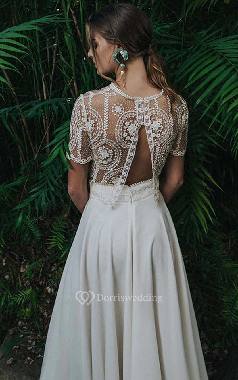 Vintage zweiteiliges, kurzärmeliges Chiffon-Hochzeitskleid in Teelänge mit Spitzenoberteil view 2