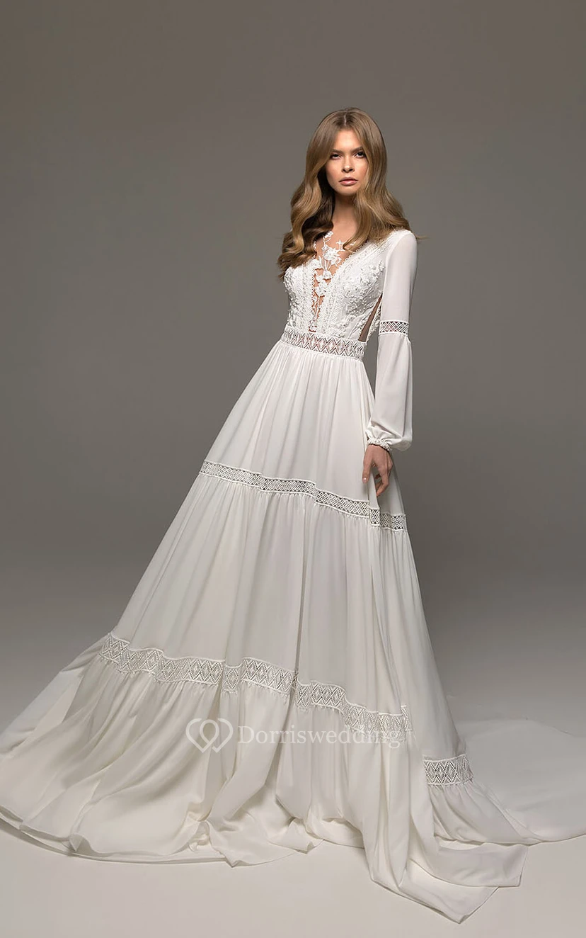 Fließendes Boho-Chiffon-Brautkleid in Empire-A-Linie mit langen Ärmeln und tiefem V-Ausschnitt am Rücken