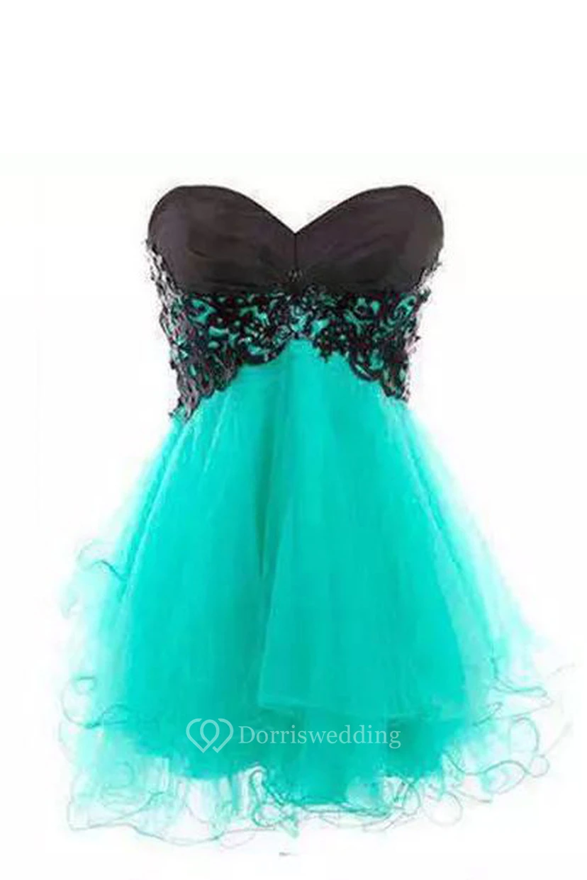 Ärmelloses, kurzes Mini-Abendkleid aus Spitze und Tüll in A-Linie mit herzförmigem Ausschnitt und Schnürung