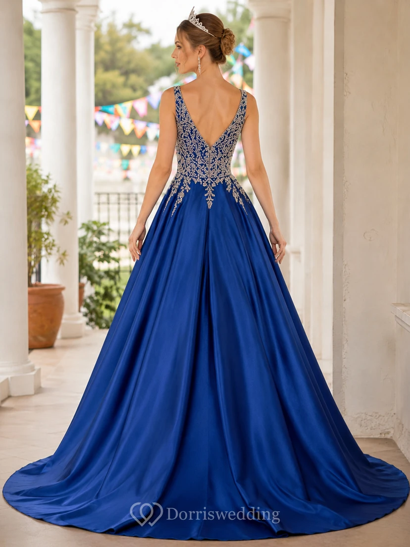 Elegantes königsblaues Satin-Festkleid in A-Linie, bodenlang, V-Ausschnitt view 2